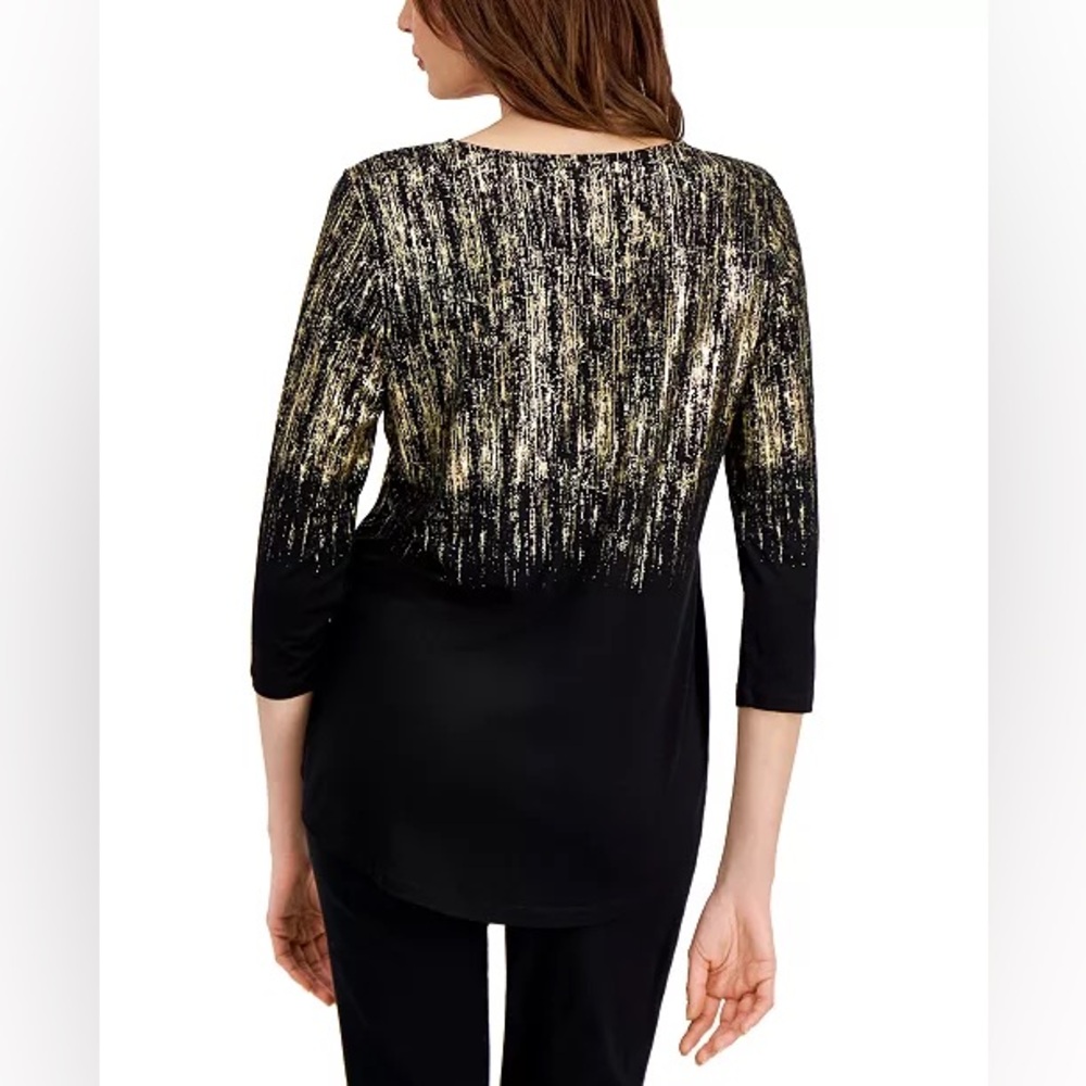 Brand New JM Collection Women's Black & Gold Foil Print 3/4-Sleeve Top, M, NWT - Picture 3 of 4